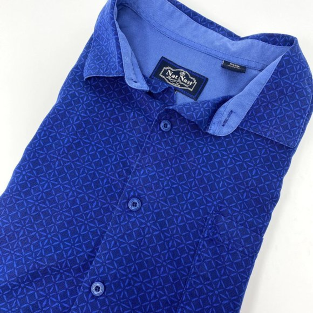 Nat Nast Mens‎ Shirt Size Large Short Sleeve Button Up Blue Silk blend